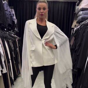 H4 Open-Front Blazer - Chiffon Pleated Sleeves, Cotton Blend.